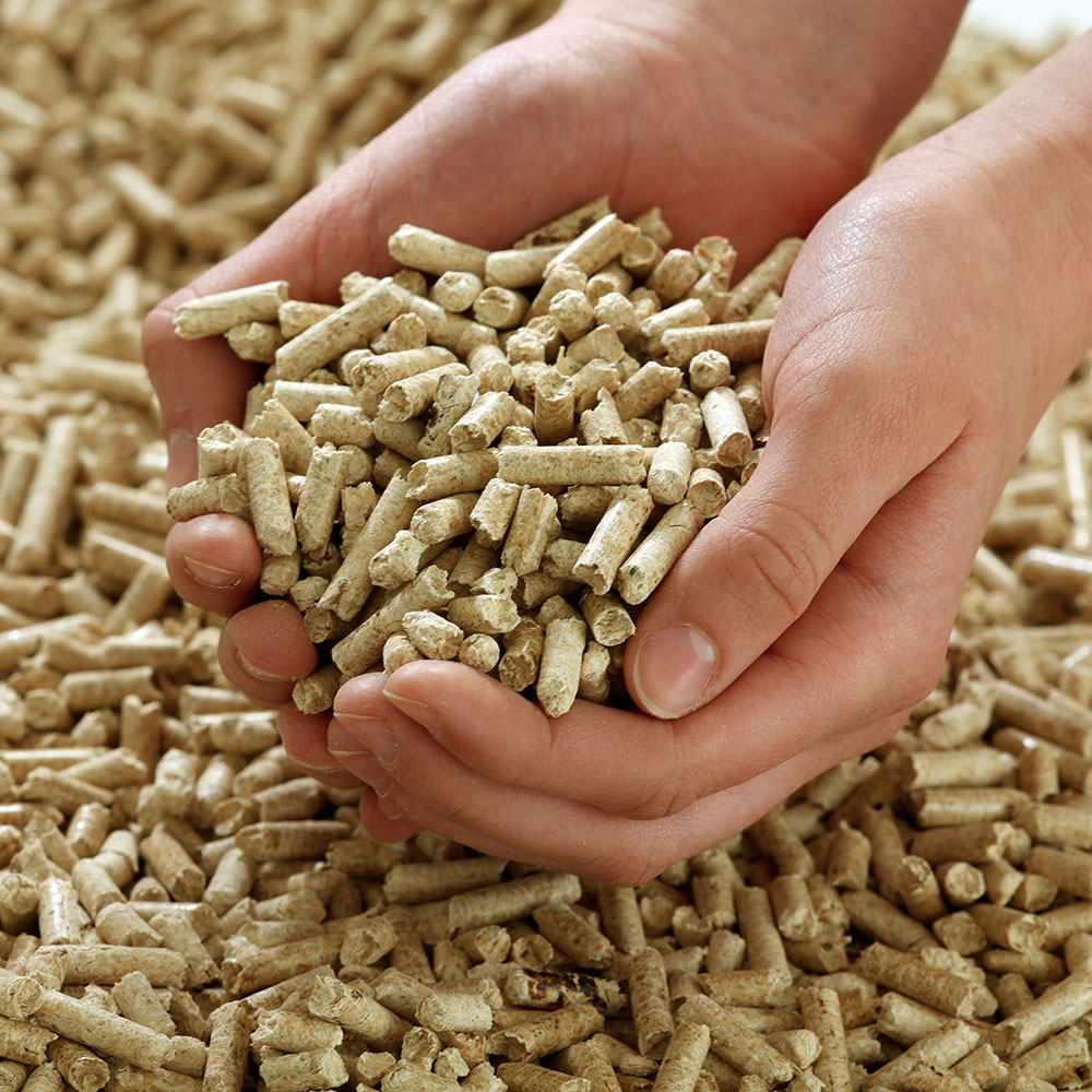 Hand greift in Pellets